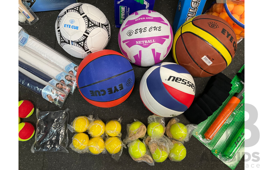 Collection of Various Sports Equipment for Tennis, Table Tennis, Volleyball, Basketball, Soccer, Including Various Balls,  Portable Badminton Net and More - Lot of 59