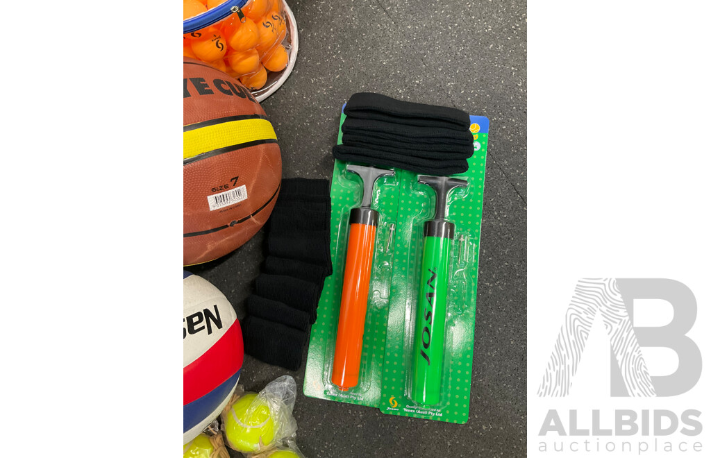 Collection of Various Sports Equipment for Tennis, Table Tennis, Volleyball, Basketball, Soccer, Including Various Balls, Velcro Golf Target Set and More - Lot of 59