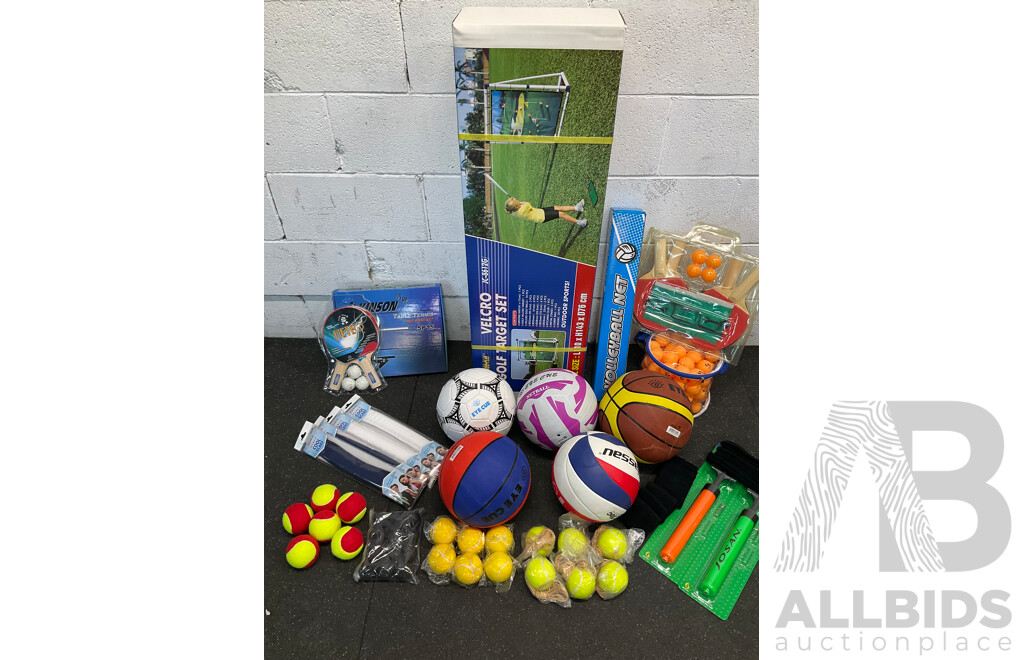 Collection of Various Sports Equipment for Tennis, Table Tennis, Volleyball, Basketball, Soccer, Including Various Balls, Velcro Golf Target Set and More - Lot of 59