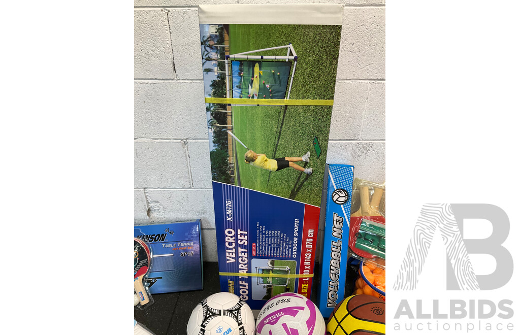 Collection of Various Sports Equipment for Tennis, Table Tennis, Volleyball, Basketball, Soccer, Including Various Balls, Velcro Golf Target Set and More - Lot of 59