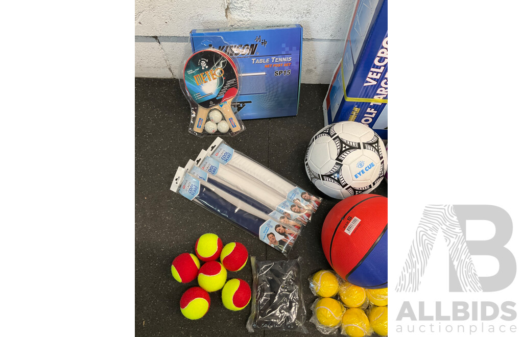 Collection of Various Sports Equipment for Tennis, Table Tennis, Volleyball, Basketball, Soccer, Including Various Balls, Velcro Golf Target Set and More - Lot of 59