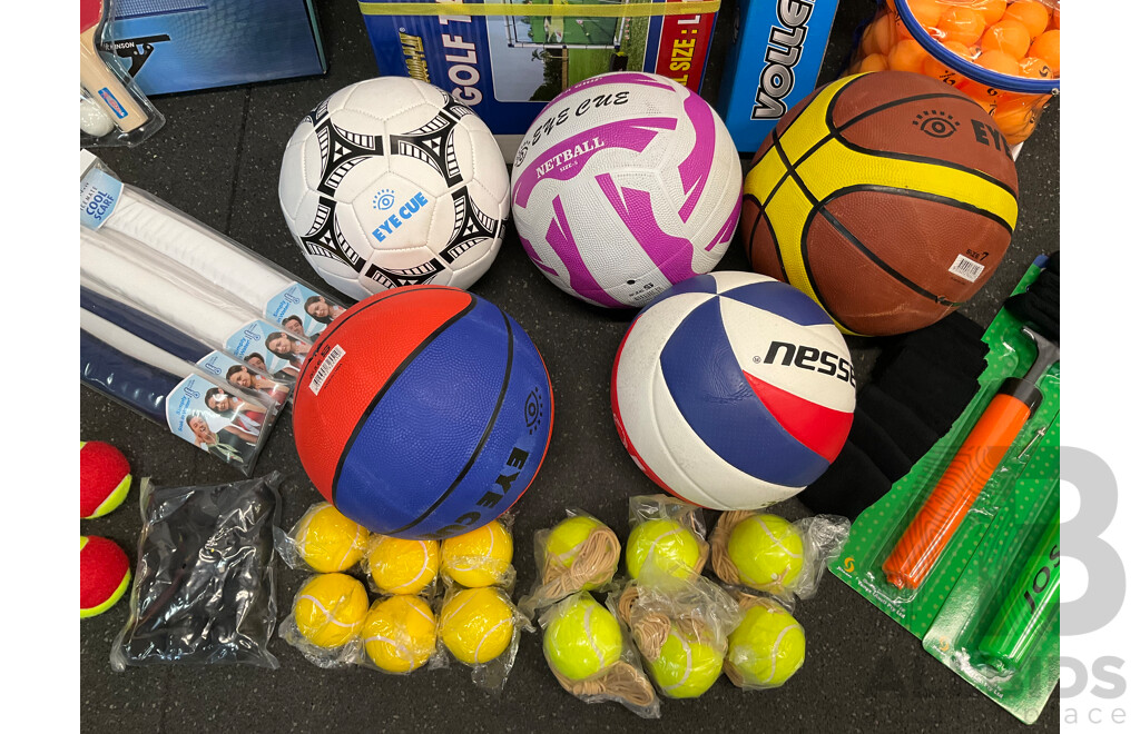 Collection of Various Sports Equipment for Tennis, Table Tennis, Volleyball, Basketball, Soccer, Including Various Balls, Velcro Golf Target Set and More - Lot of 59