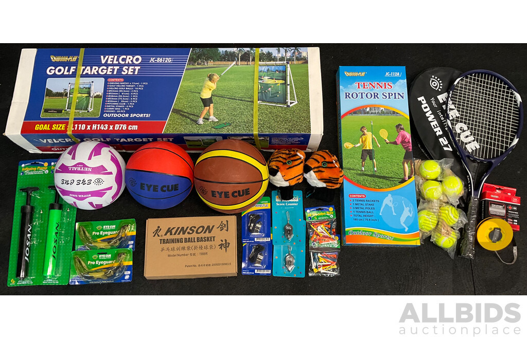 Collection of Various Sports Equipment for Golf, Tennis  Basketball, Netball, Including Various Balls, Velcro Golf Target Set and More - Lot of 26