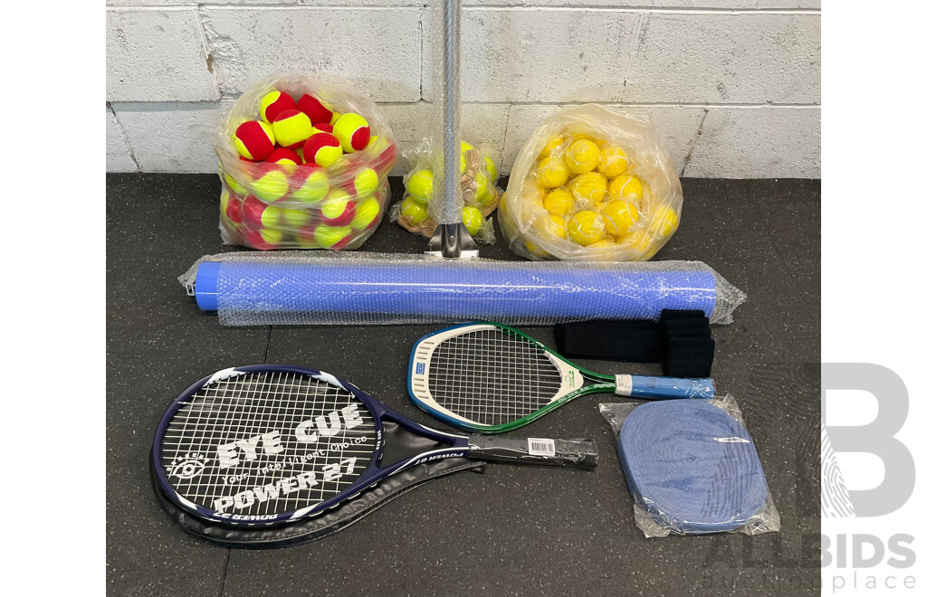 Collection of Sports Equipment for Tennis, Including Court Dry Roller, Tennis Racquets, Trainning Balls and More - Lot of 124