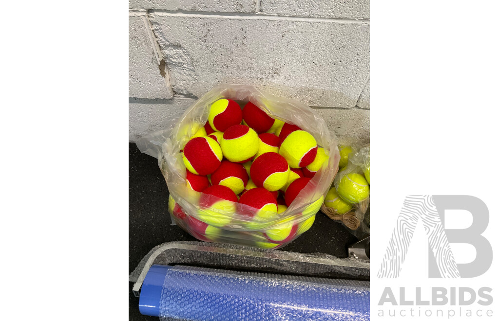 Collection of Sports Equipment for Tennis, Including Court Dry Roller, Tennis Racquets, Trainning Balls and More - Lot of 124