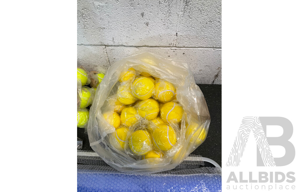 Collection of Sports Equipment for Tennis, Including Court Dry Roller, Tennis Racquets, Trainning Balls and More - Lot of 124