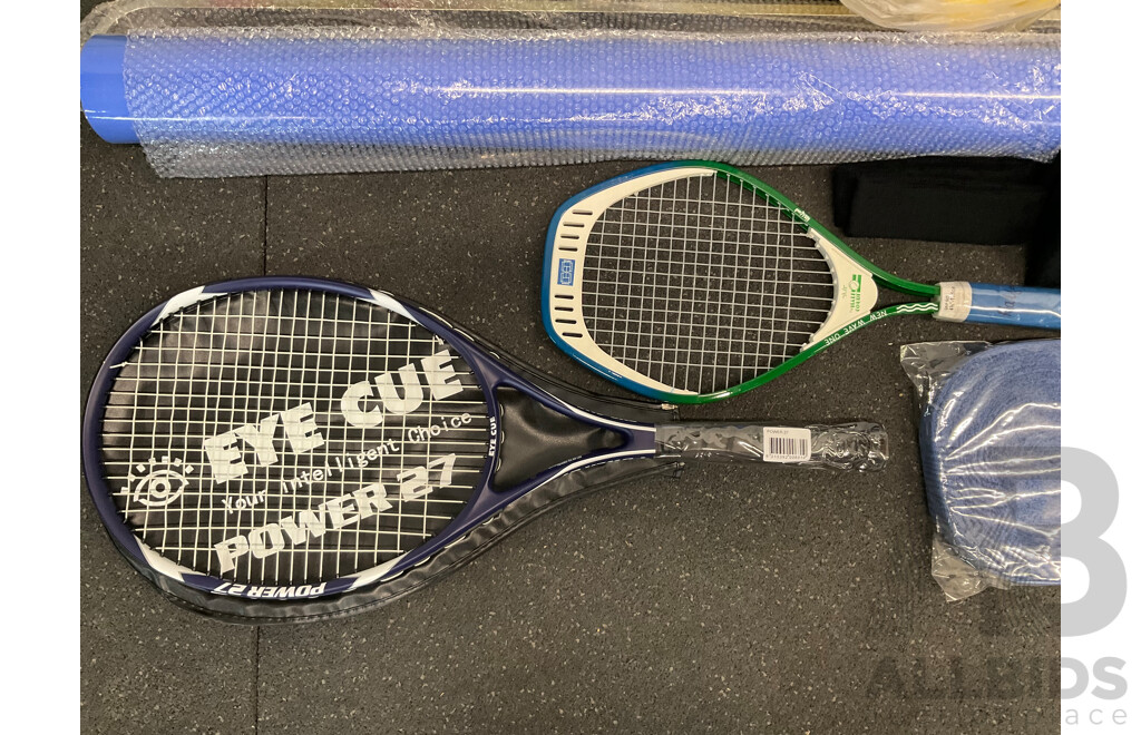 Collection of Sports Equipment for Tennis, Including Court Dry Roller, Tennis Racquets, Trainning Balls and More - Lot of 124