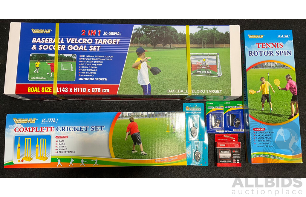 Collection of Various Sports Equipment for Baseball, Soccer, Cricket and Tennis - Lot of 8