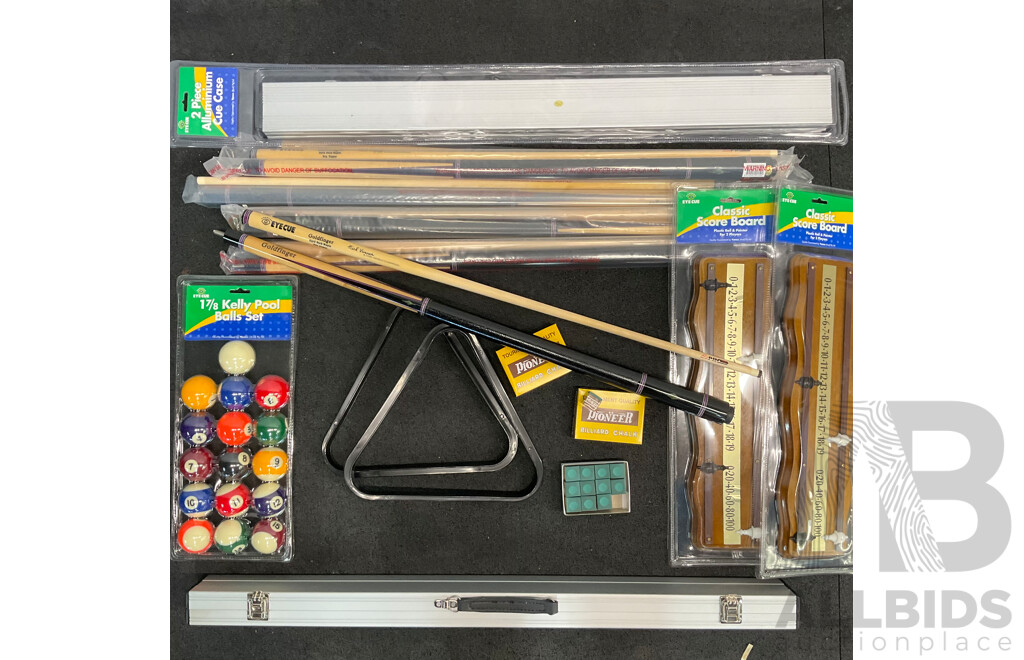 Assorted Billiard Equipment, Including Goldfinger Nick Varner Cue (6x) and More  - Lot of 15