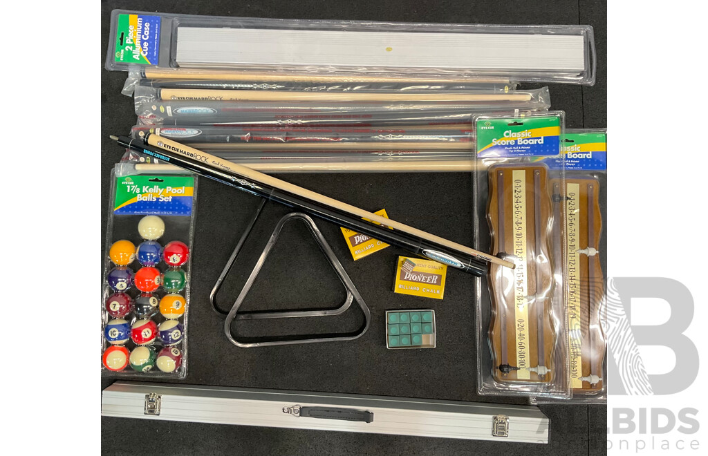 Assorted Billiard Equipment, Including Hard Rock Nick Varner Cue (6x) (6x) and More  - Lot of 15