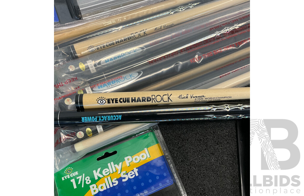 Assorted Billiard Equipment, Including Hard Rock Nick Varner Cue (6x) (6x) and More  - Lot of 15