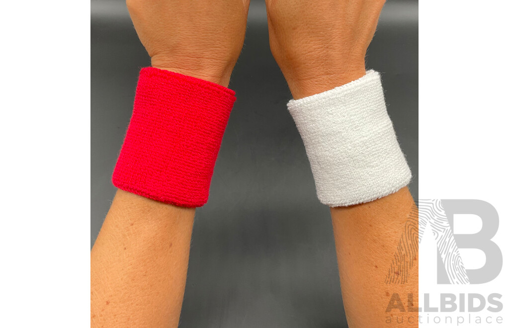 Sweat-Wicking Wristbands - Tennis Terry Towelling Cotton Sweat Workout Bands for Gym, Running - Red and White - Lot of 100