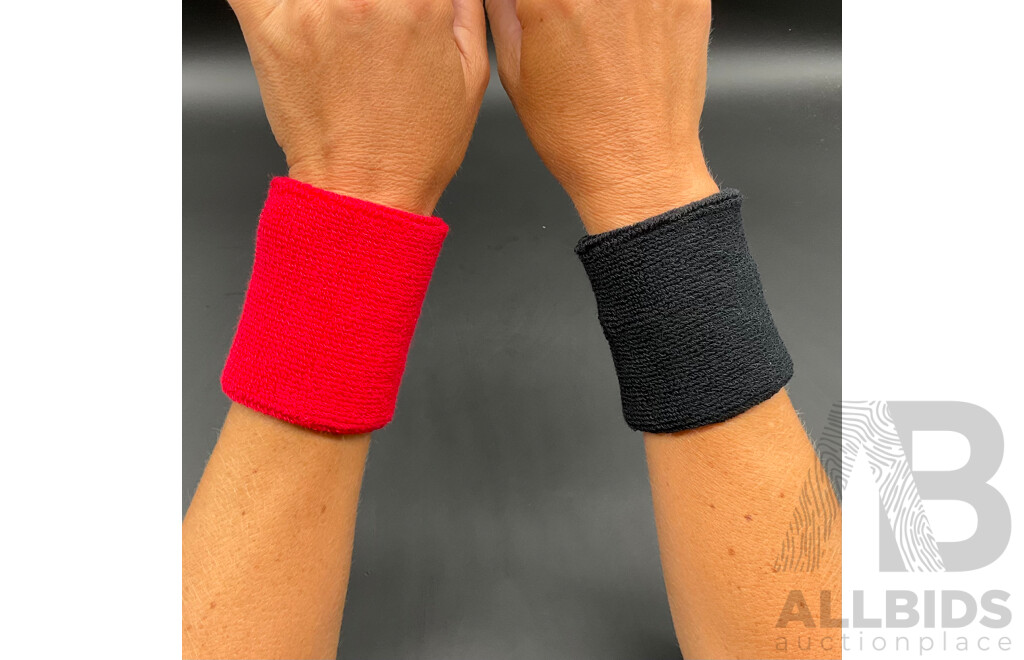 Sweat-Wicking Wristbands - Tennis Terry Towelling Cotton Sweat Workout Bands for Gym, Running - Red and Black - Lot of 100