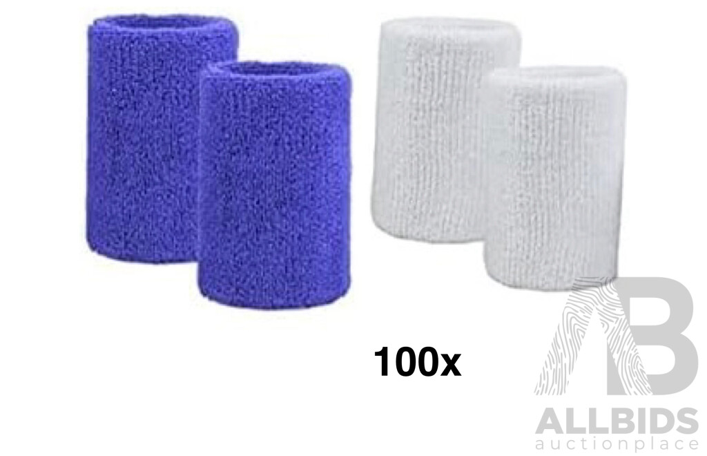 Sweat-Wicking Wristbands - Tennis Terry Towelling Cotton Sweat Workout Bands for Gym, Running - Blue and White - Lot of 100
