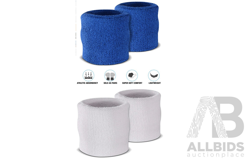 Sweat-Wicking Wristbands - Tennis Terry Towelling Cotton Sweat Workout Bands for Gym, Running - Blue and White - Lot of 100