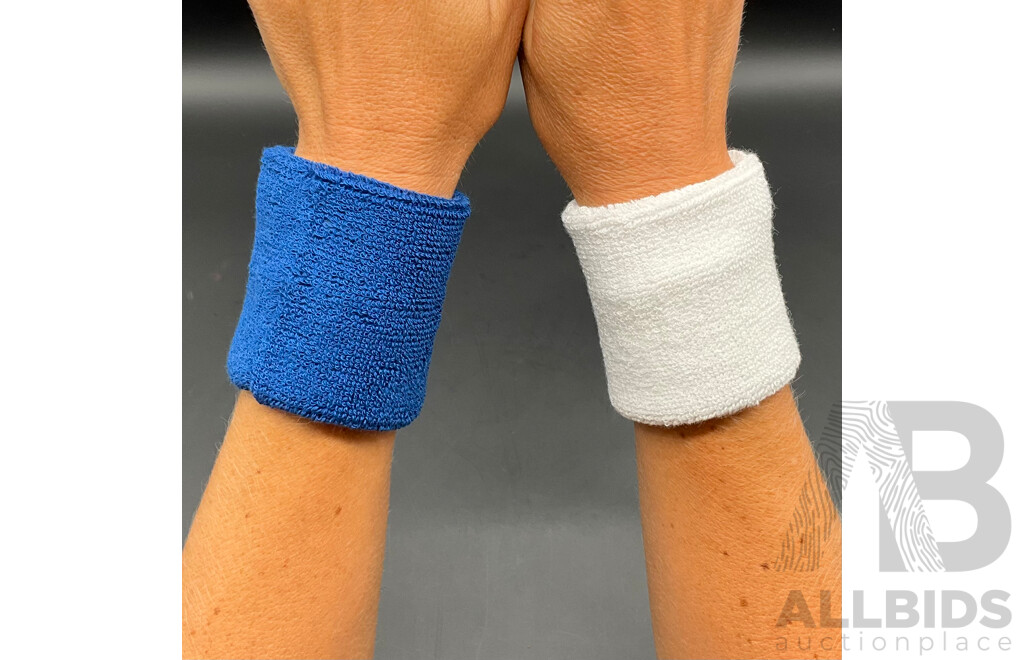 Sweat-Wicking Wristbands - Tennis Terry Towelling Cotton Sweat Workout Bands for Gym, Running - Blue and White - Lot of 100
