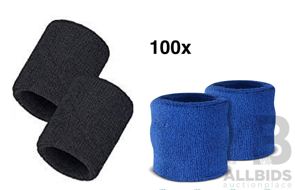 Sweat-Wicking Wristbands - Tennis Terry Towelling Cotton Sweat Workout Bands for Gym, Running - Blue and Black - Lot of 100