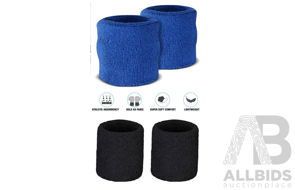 Sweat-Wicking Wristbands - Tennis Terry Towelling Cotton Sweat Workout Bands for Gym, Running - Blue and Black - Lot of 100