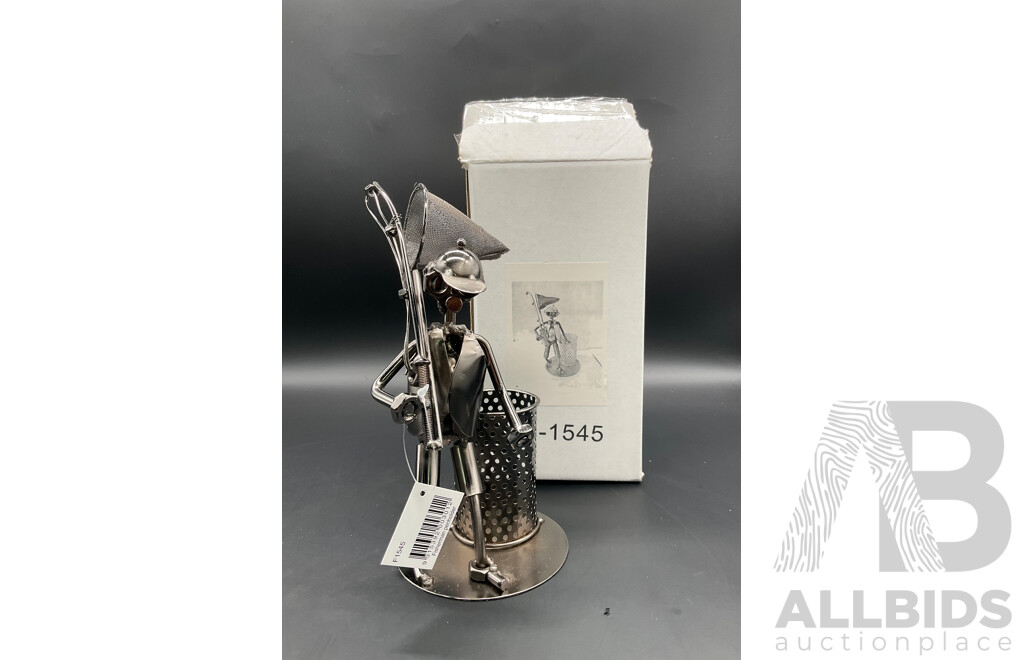 Assorted Metal ''Nuts and Bolts'' Sculptures, Including Fisherman Bottle Holder (x3) and Fisherman Pen Holder(x4) - Lot of 7