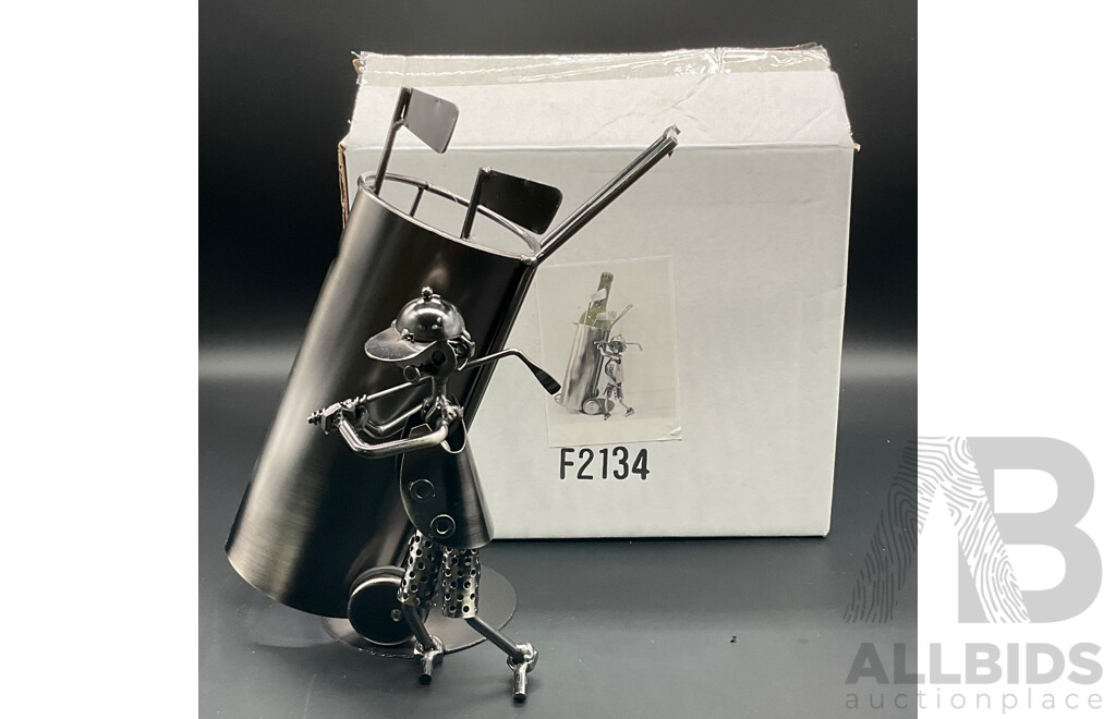 Metal ''Nuts and Bolts'' Golf Player with Cart Sculptures Bottle Holder - Lot of 4