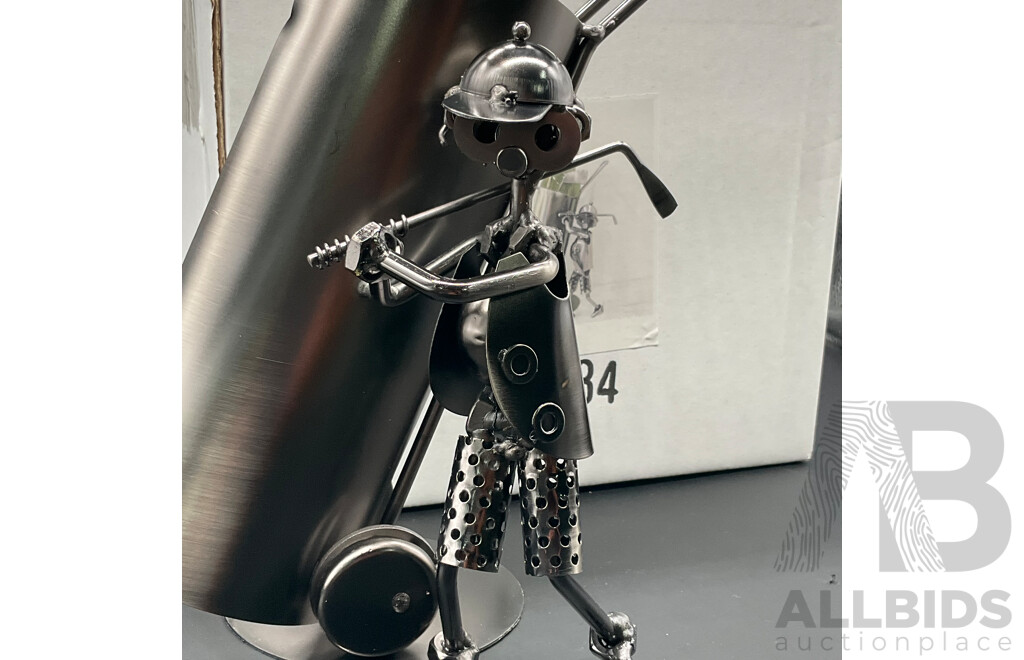 Metal ''Nuts and Bolts'' Golf Player with Cart Sculptures Bottle Holder - Lot of 4