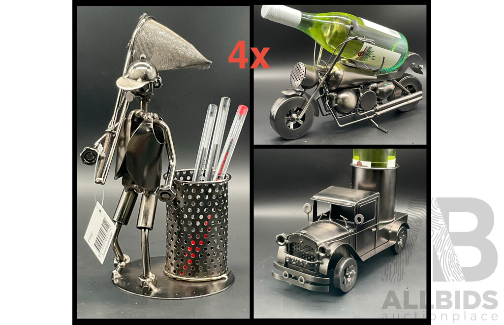 Metal ''Nuts and Bolts'' Motorcycle (x2), Truck Bottle Holder (x1) and Fisherman Pen Holder Sculptures - Lot of 4