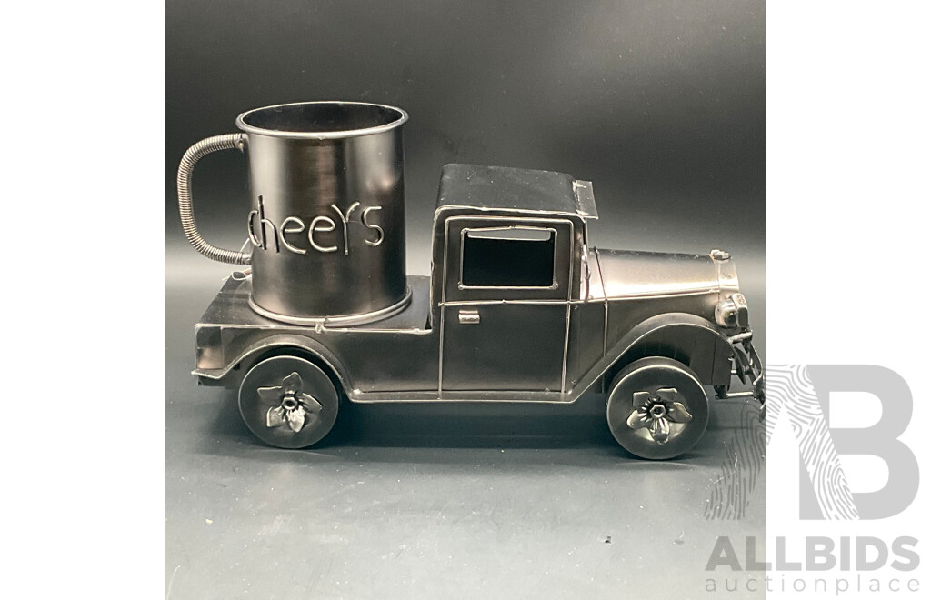 Metal ''Nuts and Bolts'' Motorcycle (x2), Truck Bottle Holder (x1) and Fisherman Pen Holder Sculptures - Lot of 4