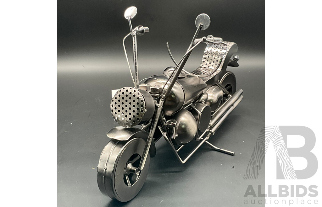 Metal ''Nuts and Bolts'' Motorcycle (x2), Truck Bottle Holder (x1) and Fisherman Pen Holder Sculptures - Lot of 4