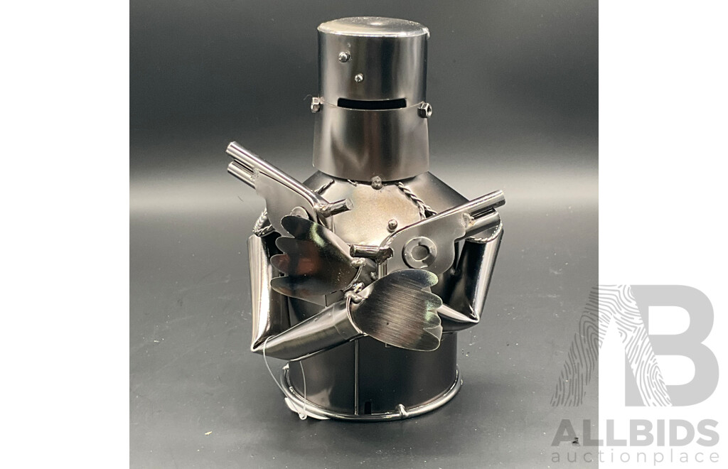 Metal ''Nuts and Bolts'' Knight (x2), Cowboy Bottle Holder (x2) and Ned Kelly Money Bank Sculptures (x2) - Lot of 6