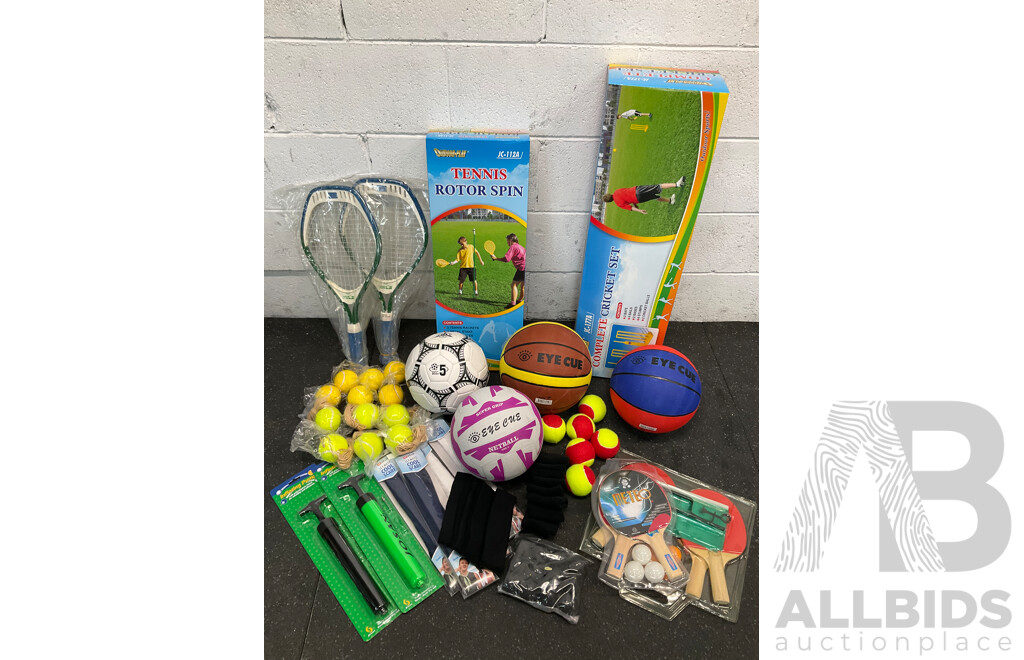Collection of Various Sports Equipment for Tennis, Table Tennis, Basketball, Soccer, , Including Various Balls, Cricket Set, Tennis Rotor Spin and More - Lot of 58