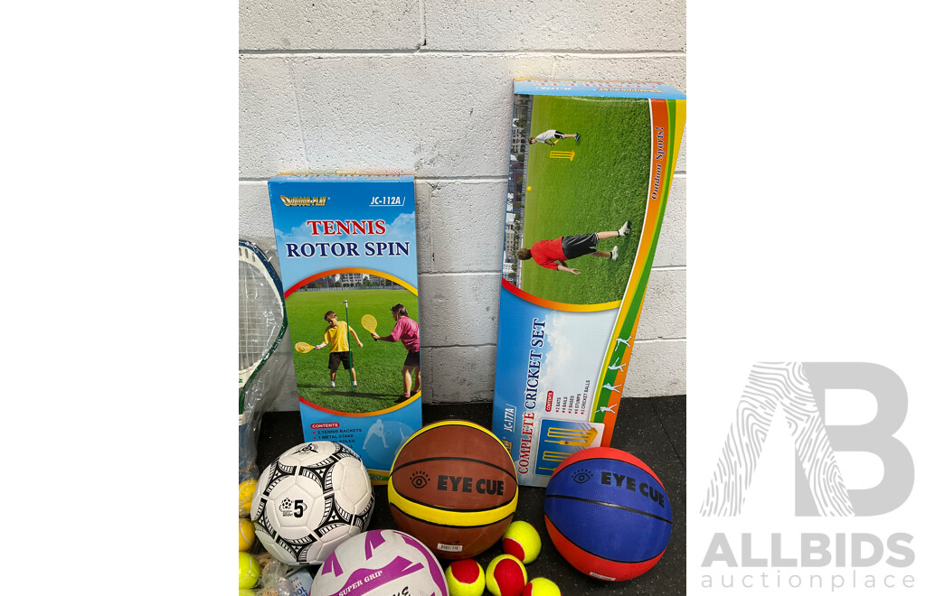 Collection of Various Sports Equipment for Tennis, Table Tennis, Basketball, Soccer, , Including Various Balls, Cricket Set, Tennis Rotor Spin and More - Lot of 58