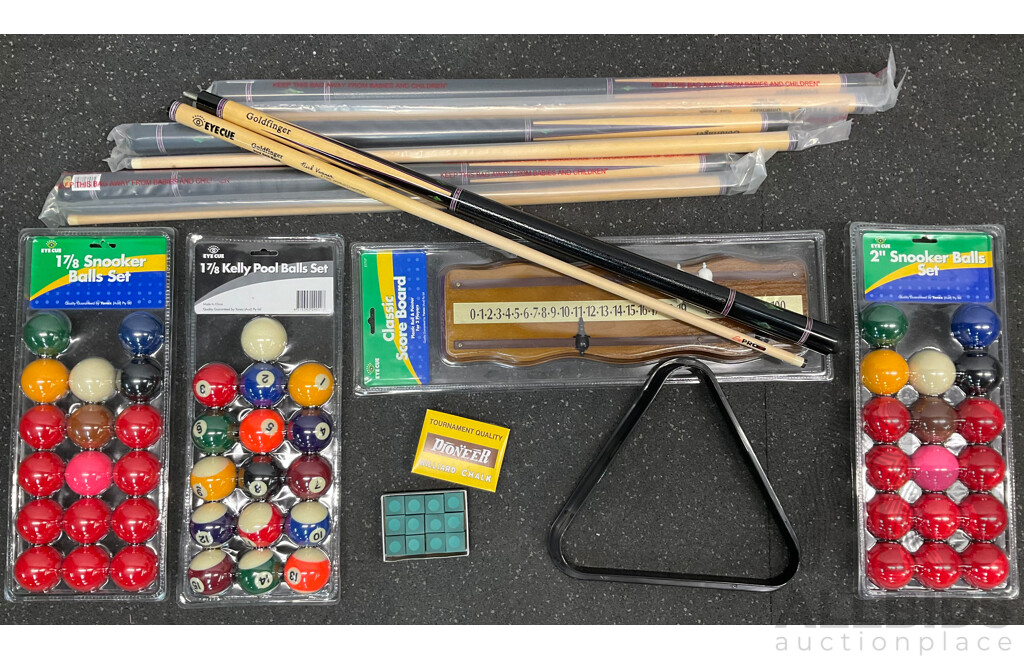Assorted Billiard Equipment, Including Goldfinger Nick Varner Cue (6x) and More  - Lot of 13
