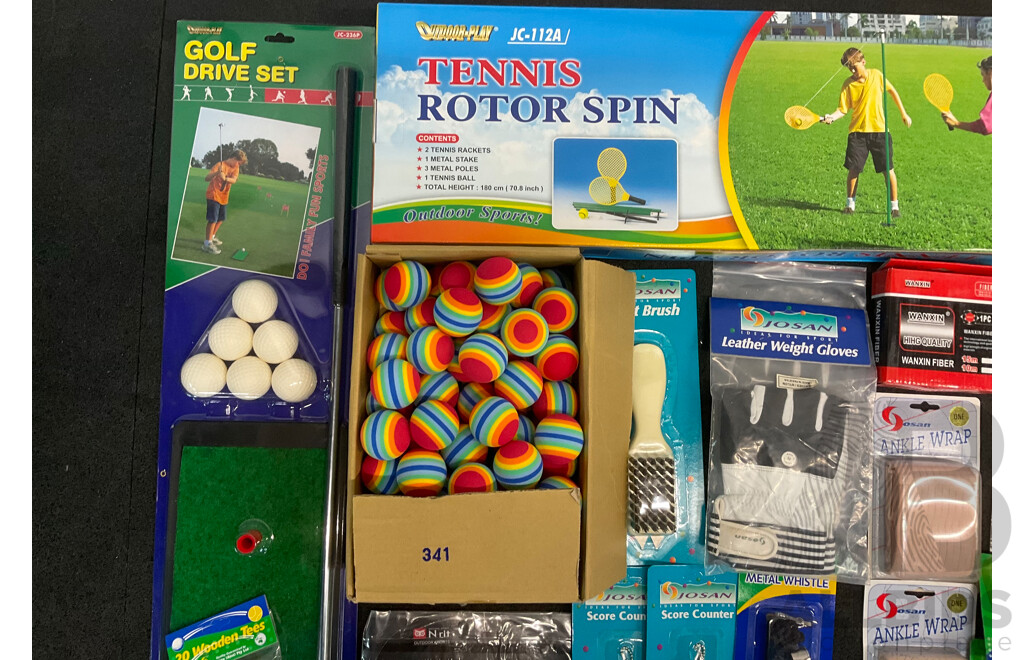 Collection of Various Sports Equipment for Golf, Cricket, Tennis and Assorted Sport Accessories - Lot of 28