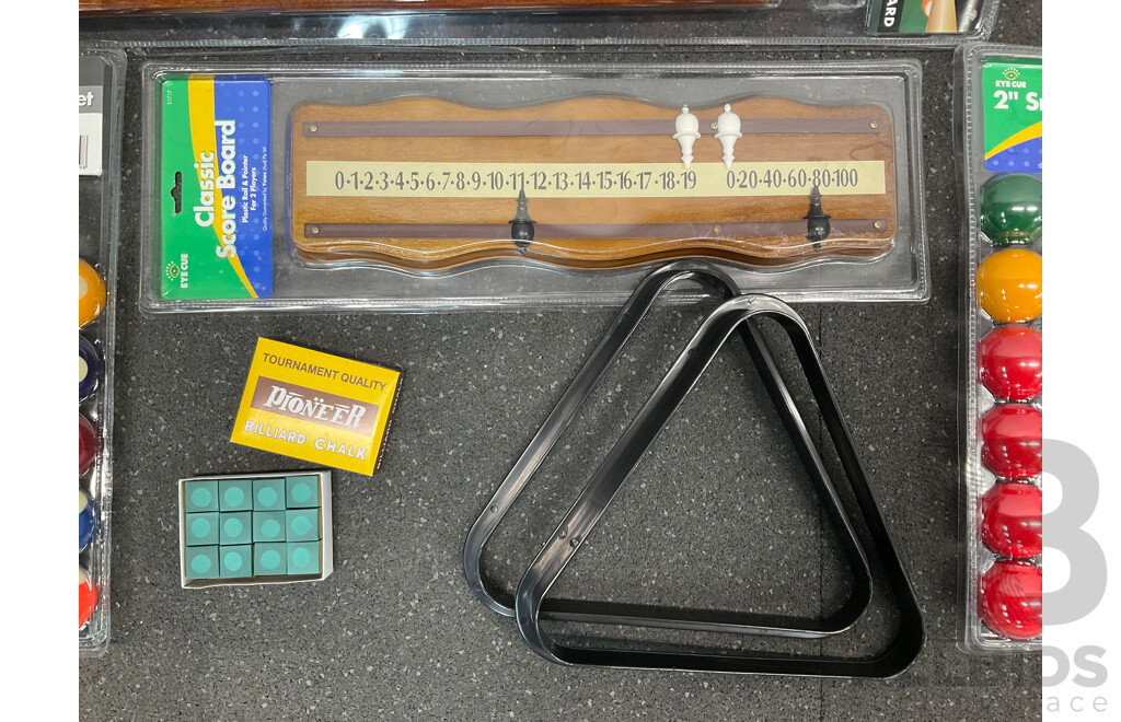 Assorted Billiard Equipment, Including EYECUE Standard Cue (x6) and More  - Lot of 13