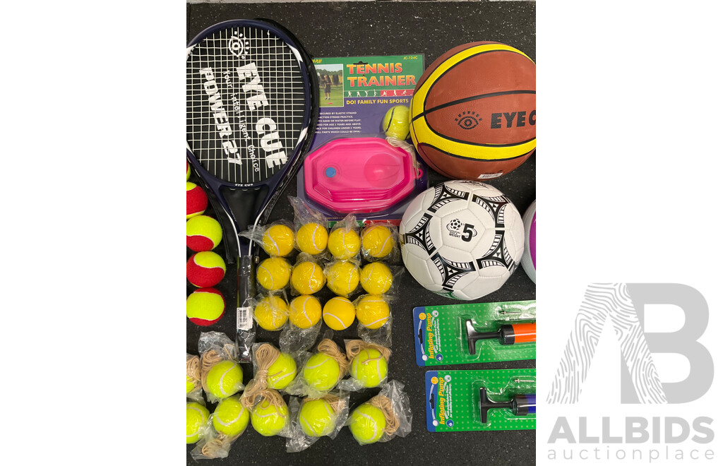 Collection of Various Sports Equipment for Tennis, Table Tennis, Basketball, Soccer, Netball - Lot of 49