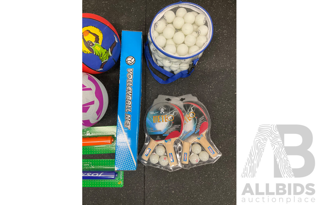 Collection of Various Sports Equipment for Tennis, Table Tennis, Basketball, Soccer, Netball - Lot of 49