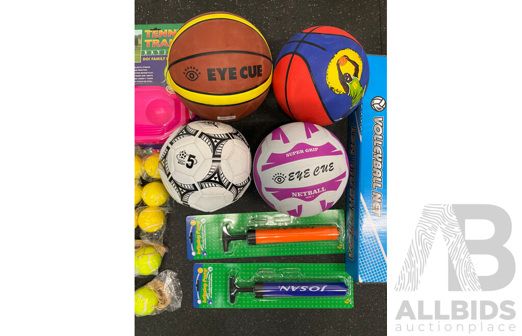 Collection of Various Sports Equipment for Tennis, Table Tennis, Basketball, Soccer, Netball - Lot of 49