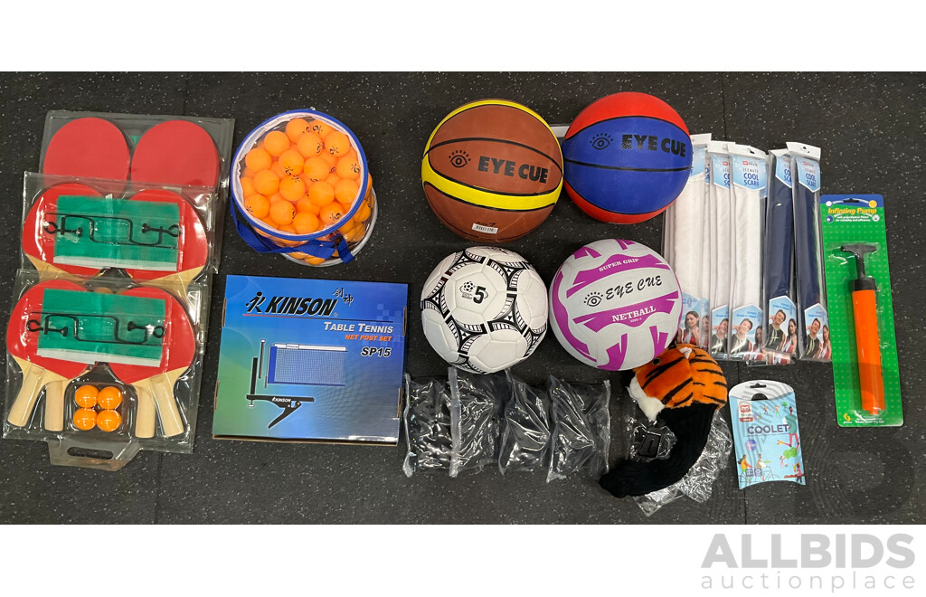 Collection of Various Sports Equipment for Table Tennis, Basketball, Soccer, Netball and Squash- Lot of 24