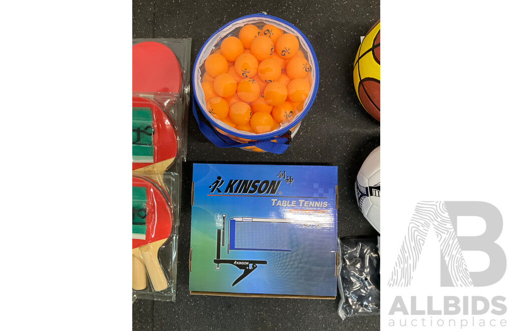 Collection of Various Sports Equipment for Table Tennis, Basketball, Soccer, Netball and Squash- Lot of 24