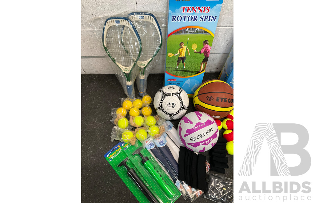 Collection of Various Sports Equipment for Tennis, Table Tennis, Basketball, Soccer, , Including Various Balls, Cricket Set, Tennis Rotor Spin and More - Lot of 58