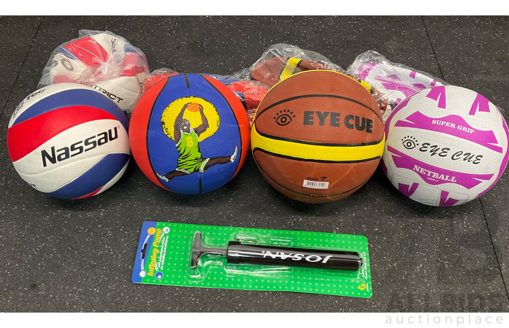 Assorted Basketball, Netball and Volleyball Training Balls and Inflanting Pump - Lot of 9
