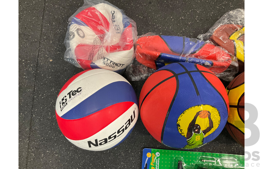 Assorted Basketball, Netball and Volleyball Training Balls and Inflanting Pump - Lot of 9