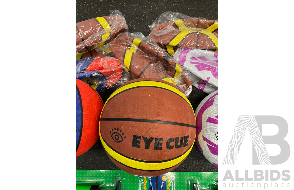 Assorted Basketball and Netball Training Balls and Inflanting Pumps - Lot of 16