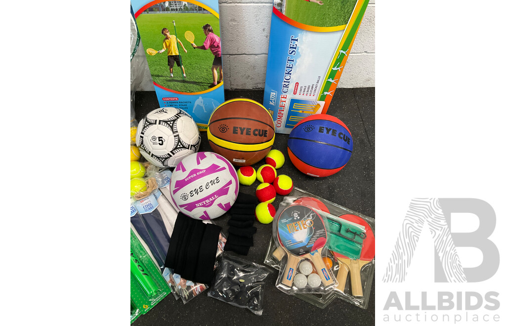 Collection of Various Sports Equipment for Tennis, Table Tennis, Basketball, Soccer, , Including Various Balls, Cricket Set, Tennis Rotor Spin and More - Lot of 58