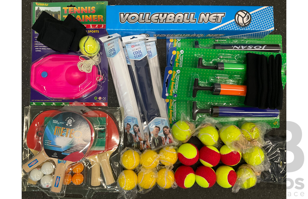 Collection of Various Sports Equipment for Tennis, Table Tennis, Volleyball, Basketball, Soccer, , Including Various Balls, Tennis Rotor Spin and More - Lot of 73