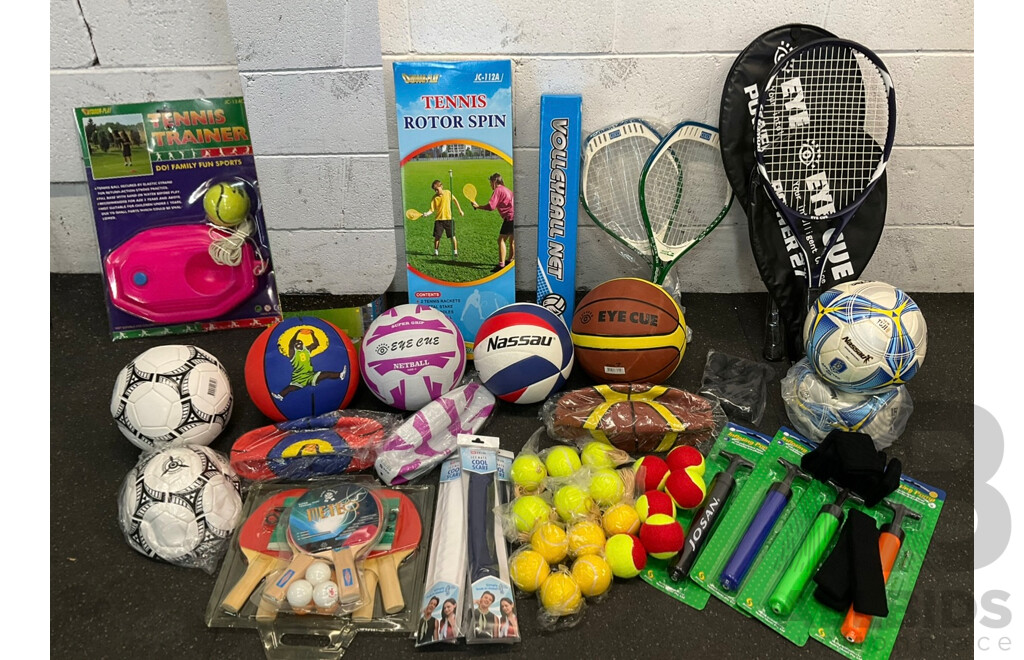 Collection of Various Sports Equipment for Tennis, Table Tennis, Volleyball, Basketball, Soccer, , Including Various Balls, Tennis Rotor Spin and More - Lot of 70