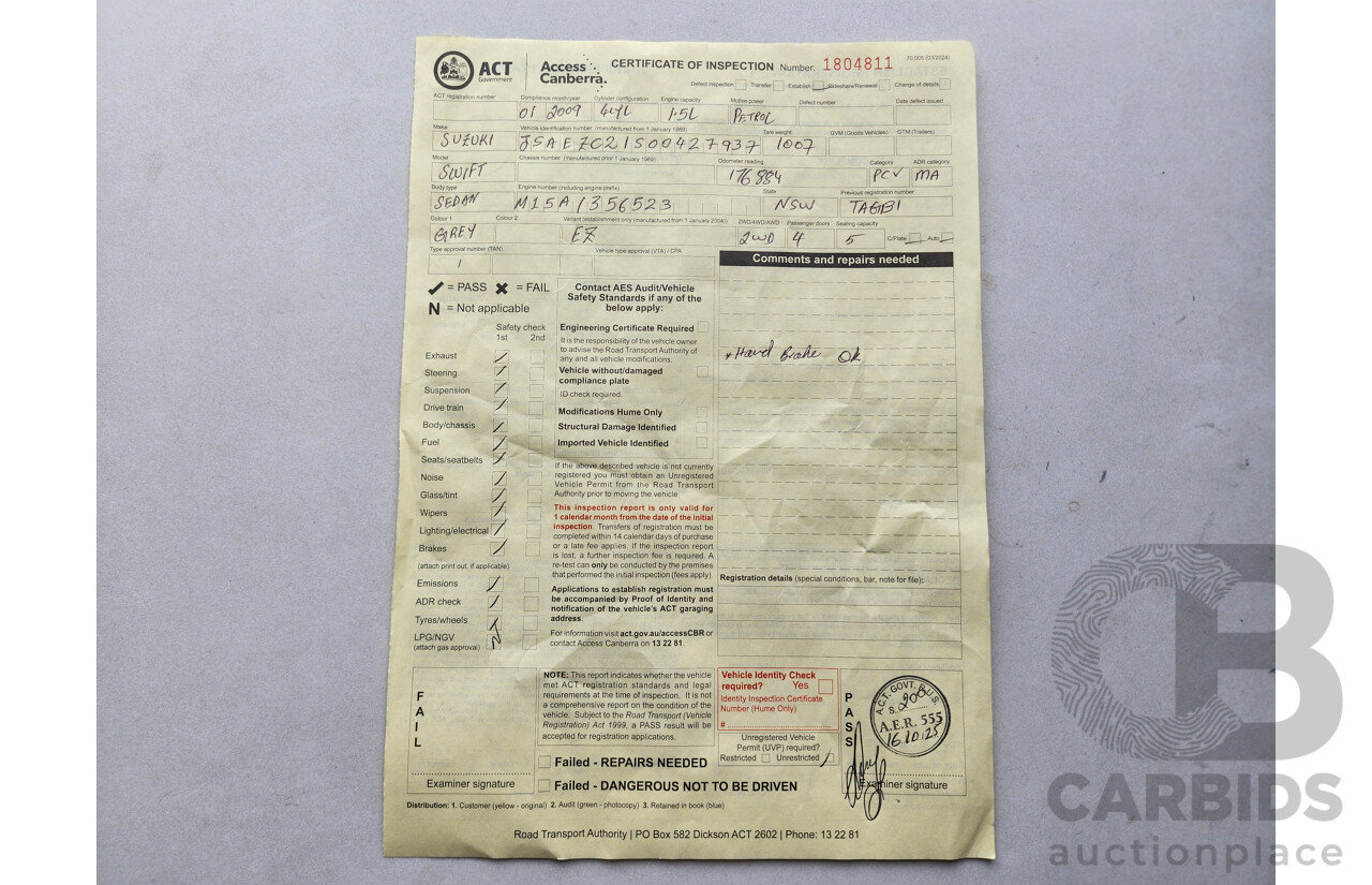 1/2009 Suzuki Swift  EZ 07 UPDATE 5d Hatchback Grey 1.5L