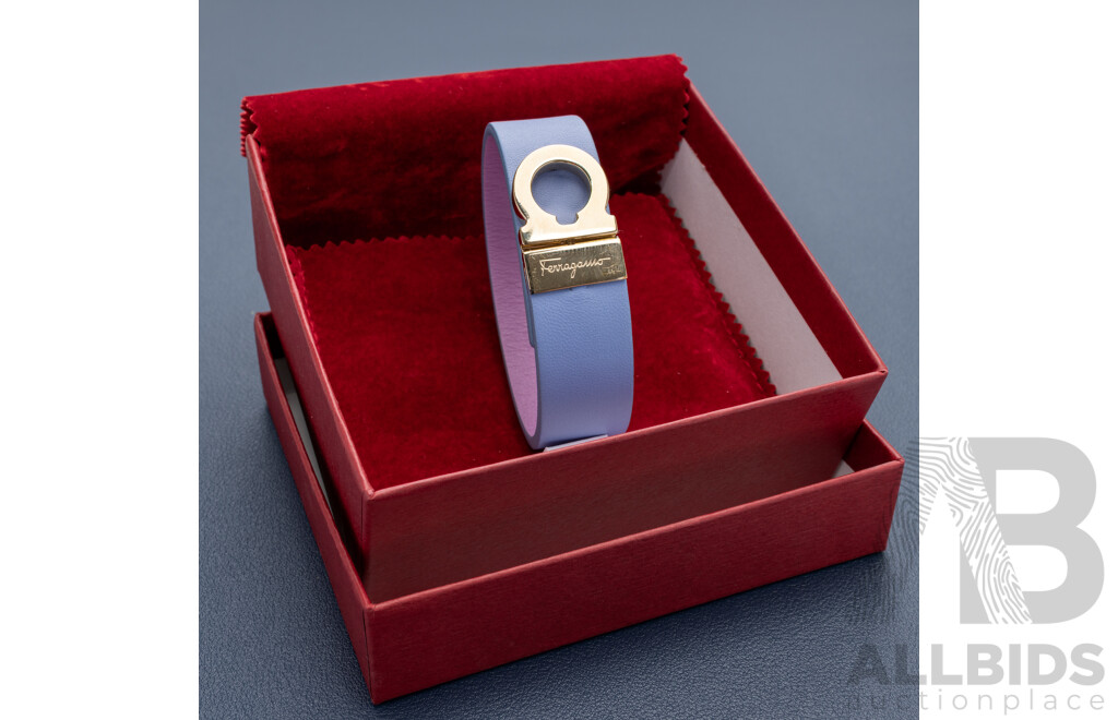 Salvatore Ferragamo Fleur Bleu Leather Wrist Band Bracelet in Original Presentation Box