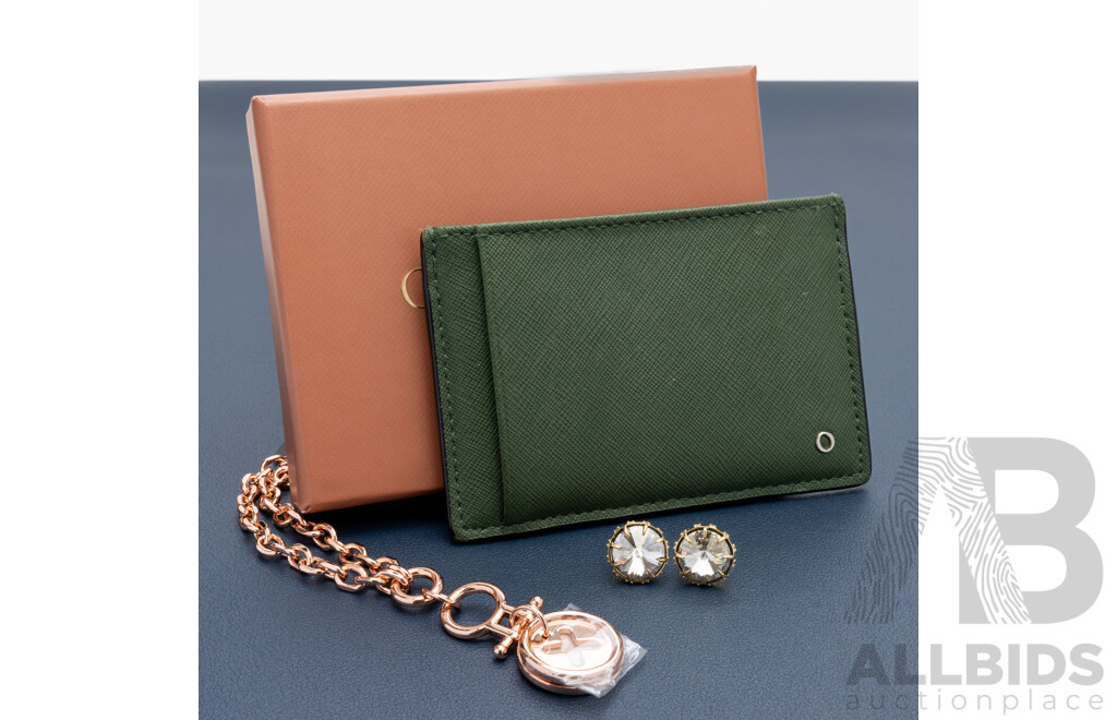 Oroton Card Wallet in Khaki/frost with Presentation Box & Mimco Rose Bracelet and Stud Earrings