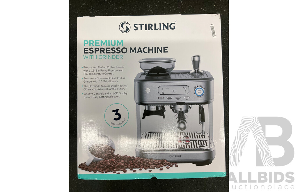 STIRLING Premium Espresso Machine with Grinder - ORP $399